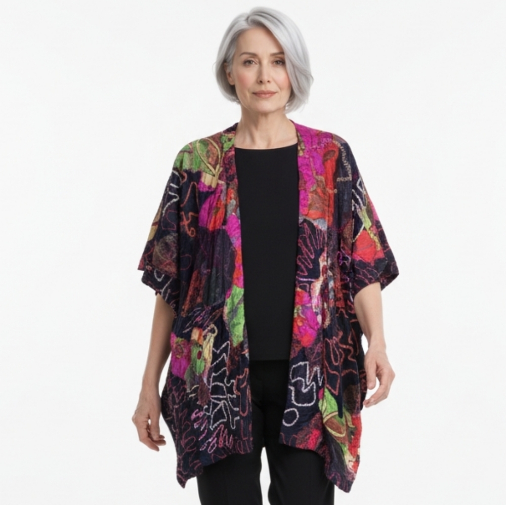 Chico's Artsy Colorful Floral Embroidered Cape Kimono OS (26)